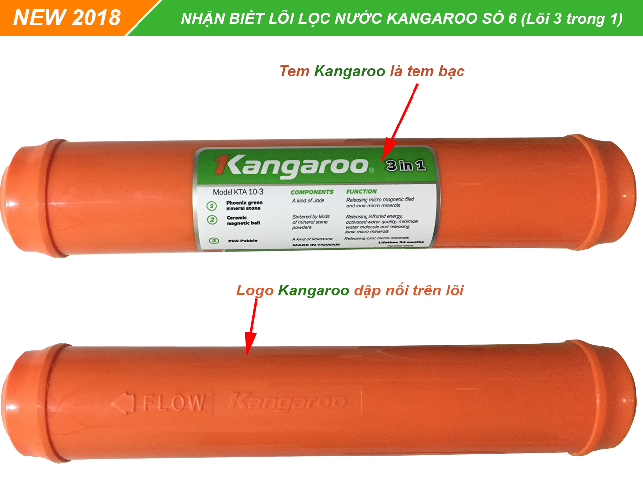 Nhận biết lõi lọc nước Kangaroo 3 trong 1 chính hãng