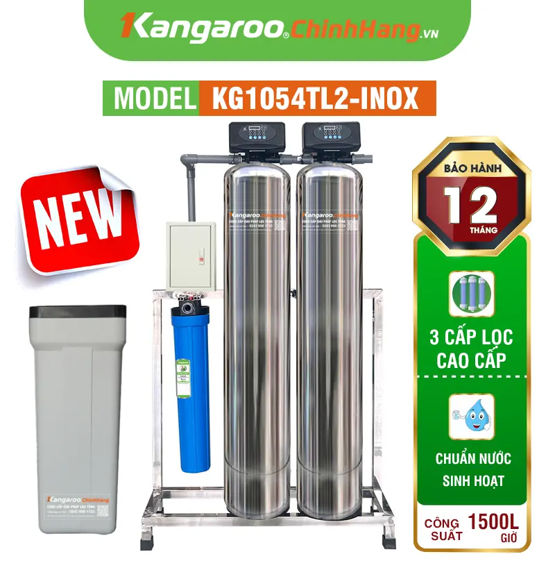 Bộ lọc tổng đầu nguồn gia đình KG1054TL2-INOX, Van tự động, Xử lý Canxi