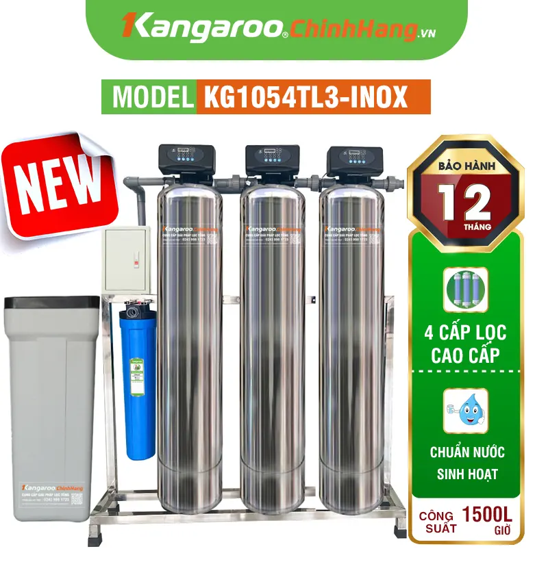 Bộ lọc tổng đầu nguồn gia đình KG1054TL3-INOX, Van tự động, Xử lý Canxi