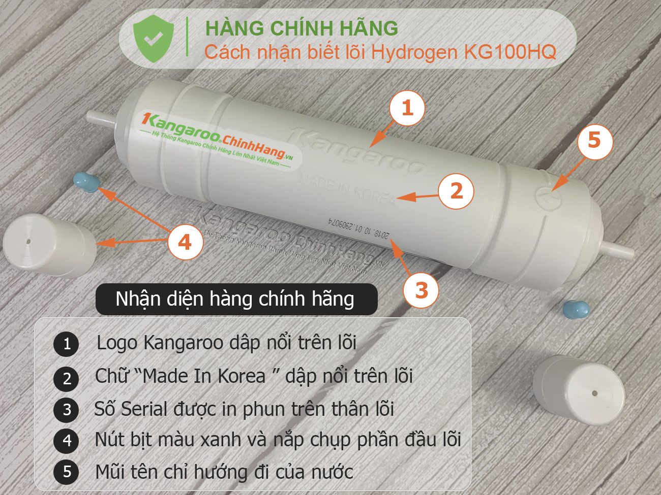 5 Đặc điểm nhận biết Lõi lọc nước Kangaroo Hydrogen KG100HQ số 5 FIR + chính hãng