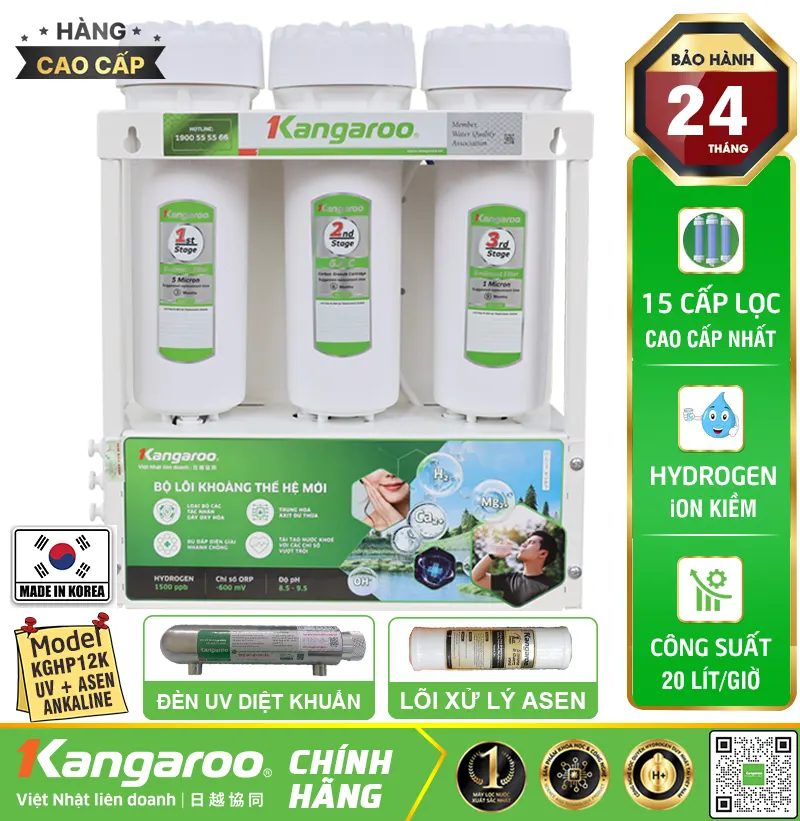 Máy lọc nước Hydrogen ion Kiềm Kangaroo KGHP12K + lõi ASEN + đèn UV - Siêu Lọc 15 Lõi